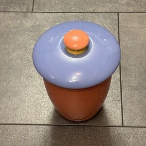 Lindt-Stymeist Colorways 7.5 inch Canister Salmon & Blue Lid Kawaii w/ Lid EUC